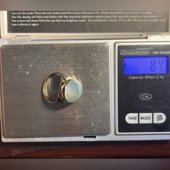 ANTIQUE 10K WHITE GOLD "UNISEX" RING w/NATURAL GREEN MOONSTONE&ENAMELS, ART DECO - Picture 3 of 12